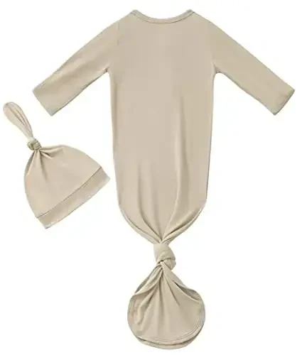 Newborn Baby Boys Girls Knotted Gown Hat Set Soft Bamboo Viscose Infant Sleeper Baby Sleep Gown with Mittens - 2