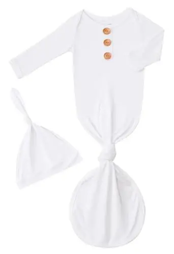 Newborn Baby Boys Girls Knotted Gown Hat Set Soft Bamboo Viscose Infant Sleeper Baby Sleep Gown with Mittens - 1