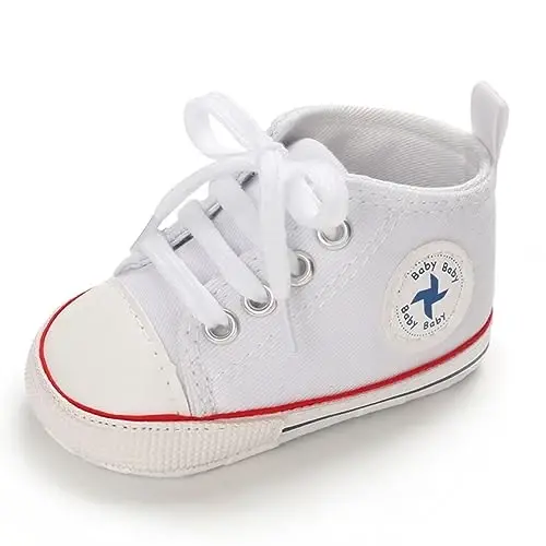 Newborn Baby Girls Boys Canvas Shoes Infant Soft Sole Slip On First Walkers Sneaker Toddler Flat Loafers High Top Crib Denim Unisex Moccasins Shoe - 6