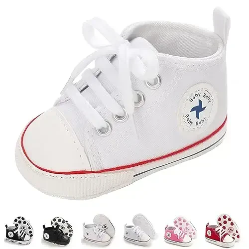 Newborn Baby Girls Boys Canvas Shoes Infant Soft Sole Slip On First Walkers Sneaker Toddler Flat Loafers High Top Crib Denim Unisex Moccasins Shoe - 1