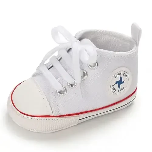 Newborn Baby Girls Boys Canvas Shoes Infant Soft Sole Slip On First Walkers Sneaker Toddler Flat Loafers High Top Crib Denim Unisex Moccasins Shoe - 6