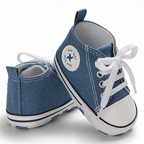 Newborn Baby Girls Boys Canvas Shoes Infant Soft Sole Slip On First Walkers Sneaker Toddler Flat Loafers High Top Crib Denim Unisex Moccasins Shoe - 3