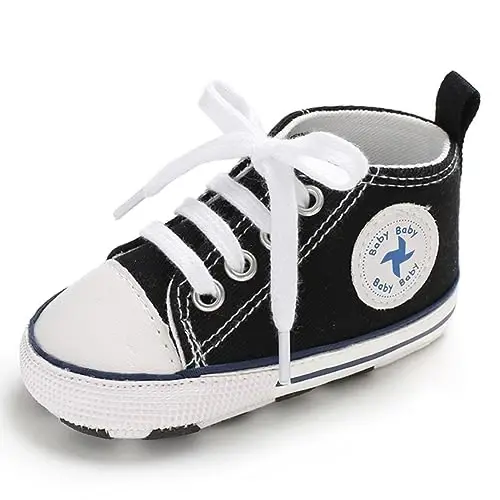 Newborn Baby Girls Boys Canvas Shoes Infant Soft Sole Slip On First Walkers Sneaker Toddler Flat Loafers High Top Crib Denim Unisex Moccasins Shoe - 7