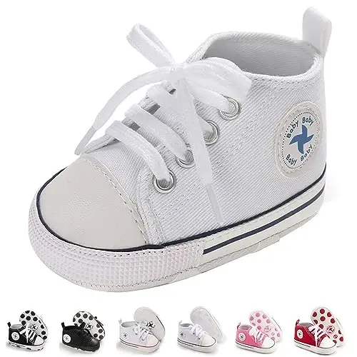 Newborn Baby Girls Boys Canvas Shoes Infant Soft Sole Slip On First Walkers Sneaker Toddler Flat Loafers High Top Crib Denim Unisex Moccasins Shoe - 1