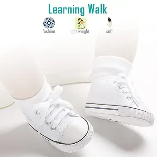 Newborn Baby Girls Boys Canvas Shoes Infant Soft Sole Slip On First Walkers Sneaker Toddler Flat Loafers High Top Crib Denim Unisex Moccasins Shoe - 4