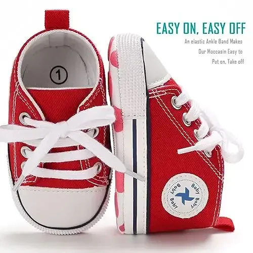 Newborn Baby Girls Boys Canvas Shoes Infant Soft Sole Slip On First Walkers Sneaker Toddler Flat Loafers High Top Crib Denim Unisex Moccasins Shoe - 5