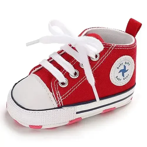 Newborn Baby Girls Boys Canvas Shoes Infant Soft Sole Slip On First Walkers Sneaker Toddler Flat Loafers High Top Crib Denim Unisex Moccasins Shoe - 6