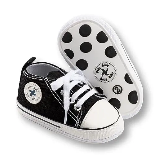 Newborn Baby Girls Boys Canvas Shoes Infant Soft Sole Slip On First Walkers Sneaker Toddler Flat Loafers High Top Crib Denim Unisex Moccasins Shoe - 1