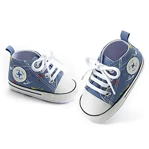 Newborn Baby Girls Boys Canvas Shoes Infant Soft Sole Slip On First Walkers Sneaker Toddler Flat Loafers High Top Crib Denim Unisex Moccasins Shoe - 4