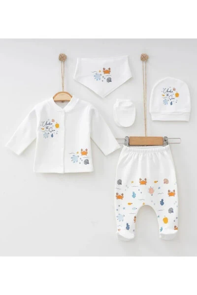 Yenidoğan Bebek Pamuklu Kumaş Denizaltı Desen 5 Parça Hastane Çıkışı Zıbın Seti-beyaz - LIMEBABIES