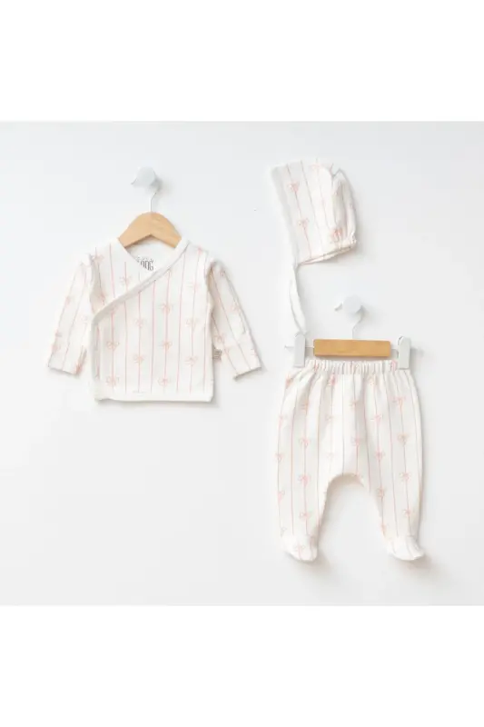 Yenidoğan Bebek Pamuklu Kumaş Fiyonk Desen 3 Parça Hastane Çıkışı Zıbın Seti-fiyonkbeyaz - LIMEBABIES