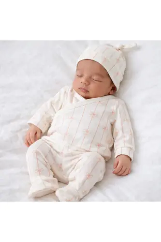 Yenidoğan Bebek Pamuklu Kumaş Fiyonk Desen 3 Parça Hastane Çıkışı Zıbın Seti - fiyonkbeyaz 