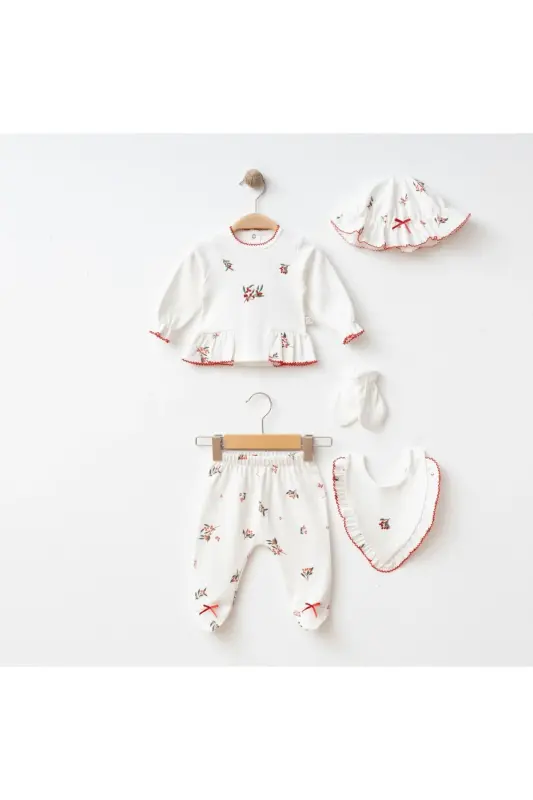 Yenidoğan Bebek Pamuklu Kumaş Kokina işlemeli 5 Parça Hastane Çıkışı Zıbın Seti-Beyaz - 1