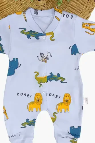 Yenidoğan Bebek Safari Baskılı Çıtçıtlı Yenidoğan Bebek Tulumu Unısex %100 Pamuk Esnek 1-3-6 Aylık-BEBEMAVİ - 5