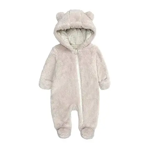 Baby Hooded Fleece Romper Long Sleeve Onesie Outwear Outfits 0-12M | Fall Winter Clothes,Halloween Outfits,Soft and Warm,Cute Bear Onesie,Baby Snowsuit 