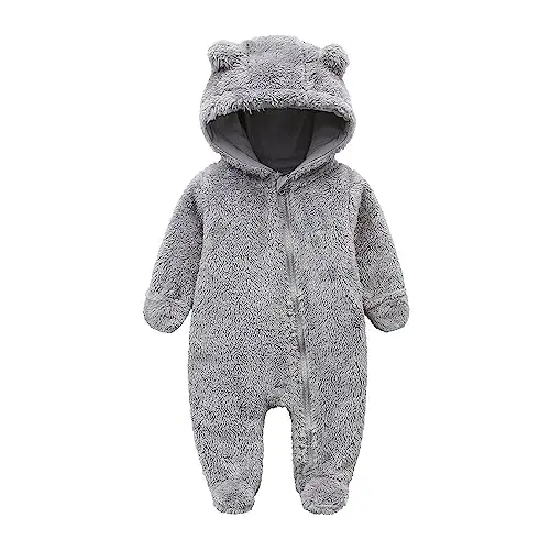 Baby Hooded Fleece Romper Long Sleeve Onesie Outwear Outfits 0-12M | Fall Winter Clothes,Halloween Outfits,Soft and Warm,Cute Bear Onesie,Baby Snowsuit 