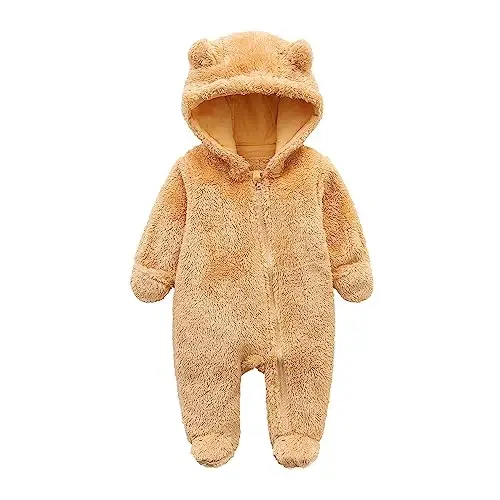 Baby Hooded Fleece Romper Long Sleeve Onesie Outwear Outfits 0-12M | Fall Winter Clothes,Halloween Outfits,Soft and Warm,Cute Bear Onesie,Baby Snowsuit 