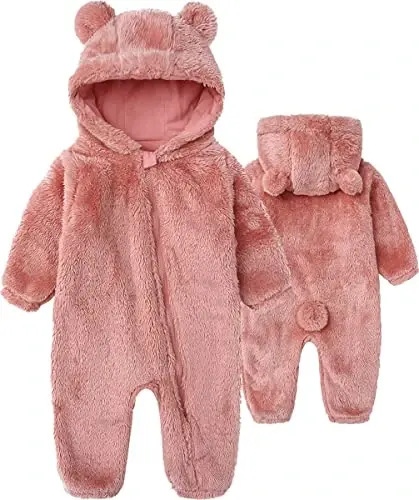 Baby Hooded Fleece Romper Long Sleeve Onesie Outwear Outfits 0-12M | Fall Winter Clothes,Halloween Outfits,Soft and Warm,Cute Bear Onesie,Baby Snowsuit 