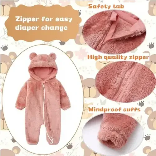 Newborn Baby Romper Fleece Onesie Jumpsuit Toddler Warm Hooded Outwear Outfits for Infant - 2