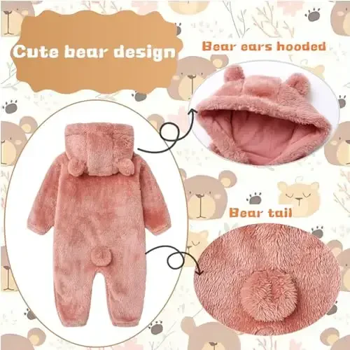 Newborn Baby Romper Fleece Onesie Jumpsuit Toddler Warm Hooded Outwear Outfits for Infant - 3
