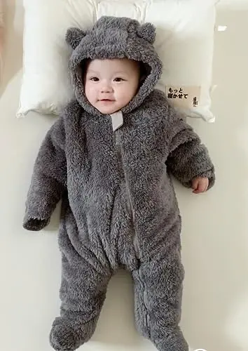 Newborn Baby Romper Fleece Onesie Jumpsuit Toddler Warm Hooded Outwear Outfits for Infant - 5