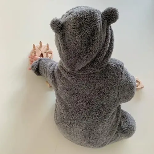 Newborn Baby Romper Fleece Onesie Jumpsuit Toddler Warm Hooded Outwear Outfits for Infant - 6
