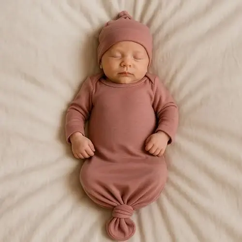 Newborn Knotted Baby Gown 0-6 Months, Super Soft Breathable Nightgowns for Babies Girl and Boy, Baby Girls Coming Home Hospital Outfit with Hat Set Pink - 6
