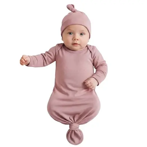 Newborn Knotted Baby Gown 0-6 Months, Super Soft Breathable Nightgowns for Babies Girl and Boy, Baby Girls Coming Home Hospital Outfit with Hat Set Pink 