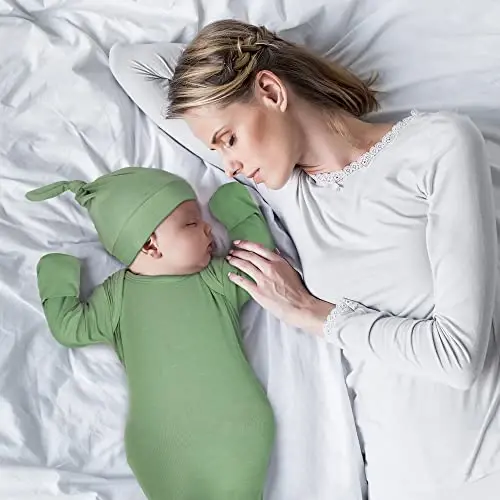 Newborn Knotted Baby Gown 0-6 Months, Super Soft Breathable Nightgowns for Babies Girl and Boy, Baby Girls Coming Home Hospital Outfit with Hat Set Oatmeal - 6