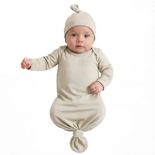Newborn Knotted Baby Gown 0-6 Months, Super Soft Breathable Nightgowns for Babies Girl and Boy, Baby Girls Coming Home Hospital Outfit with Hat Set Oatmeal 