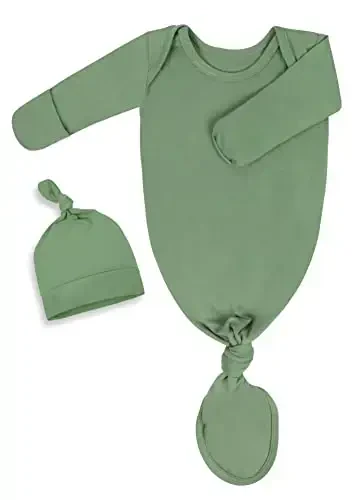 Newborn Knotted Baby Gown 0-6 Months, Super Soft Breathable Nightgowns for Babies Girl and Boy, Baby Girls Coming Home Hospital Outfit with Hat Set Green - 1