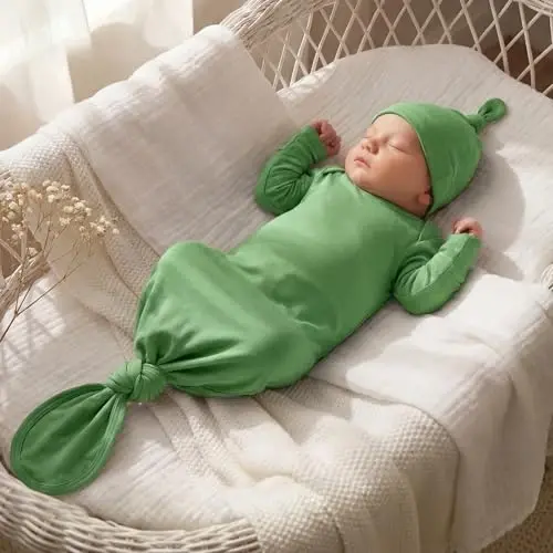 Newborn Knotted Baby Gown 0-6 Months, Super Soft Breathable Nightgowns for Babies Girl and Boy, Baby Girls Coming Home Hospital Outfit with Hat Set Green - 3