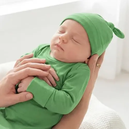 Newborn Knotted Baby Gown 0-6 Months, Super Soft Breathable Nightgowns for Babies Girl and Boy, Baby Girls Coming Home Hospital Outfit with Hat Set Green - 4