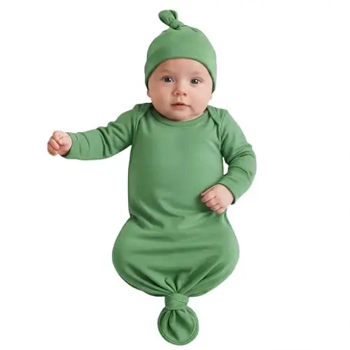 Newborn Knotted Baby Gown 0-6 Months, Super Soft Breathable Nightgowns for Babies Girl and Boy, Baby Girls Coming Home Hospital Outfit with Hat Set Green 
