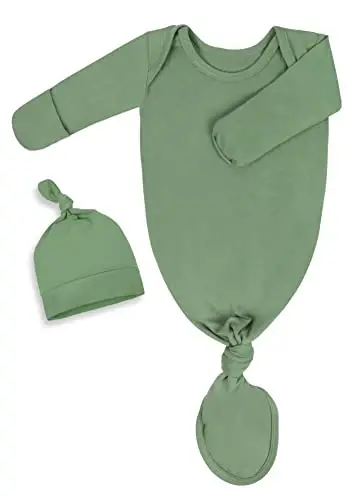 Newborn Knotted Baby Gown 0-6 Months, Super Soft Breathable Nightgowns for Babies Girl and Boy, Baby Girls Coming Home Hospital Outfit with Hat Set Green - 1