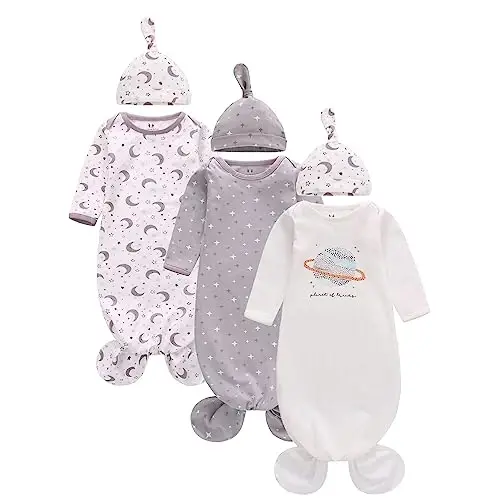Miracle Baby Newborn Knotted Nightgown Long Sleeve with Matching Hat Set 3 Pack, Baby Sleeper Gowns Unisex Home Outfits Set with Mitten Cuffs for Boys Girls 0-3 Months, Length 26 inch - 1