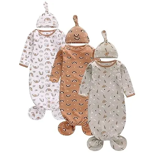 Newborn Knotted Nightgown Long Sleeve with Matching Hat Set 3 Pack, Cotton Baby Sleeper Gowns Unisex Home Outfits Set with Mitten Cuffs Baby Clothes for Boys Girls 0-6 Months 