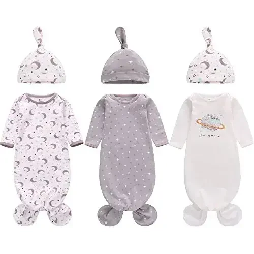 Newborn Knotted Nightgown Long Sleeve with Matching Hat Set 3 Pack, Cotton Baby Sleeper Gowns Unisex Home Outfits Set with Mitten Cuffs for Boys Girls 6-12 Months - 1