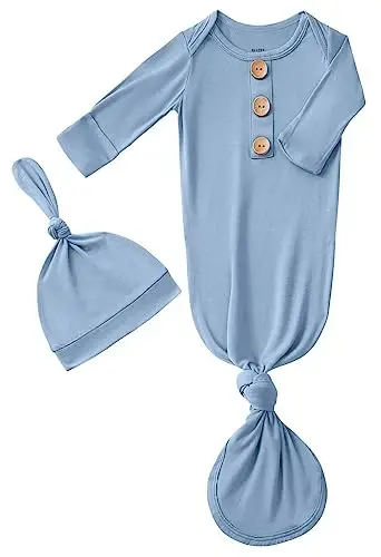 Newborn Baby Boys Girls Knotted Gown Hat Set Soft Bamboo Viscose Infant Sleeper Baby Sleep Gown with Mittens - 1