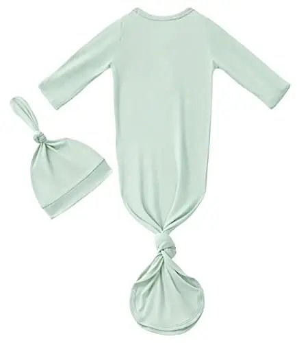 Newborn Baby Boys Girls Knotted Gown Hat Set Soft Bamboo Viscose Infant Sleeper Baby Sleep Gown with Mittens - 2