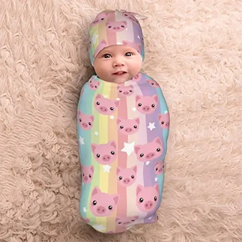 Pig Newborn Swaddle Blanket with Hat Set Baby Stuff Receiving Blankets Soft Transition Sleep Sacks Gifts for Infant Boys Girls - 5