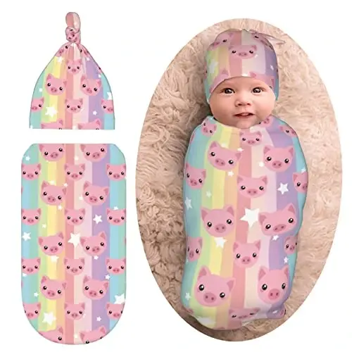 Pig Newborn Swaddle Blanket with Hat Set Baby Stuff Receiving Blankets Soft Transition Sleep Sacks Gifts for Infant Boys Girls 