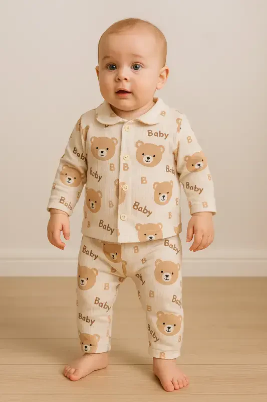 Yenidoʻgʻan organik paxta 2 li qiz bola oʻgʻil bola chaqaloq kostyumi-qahva - 5