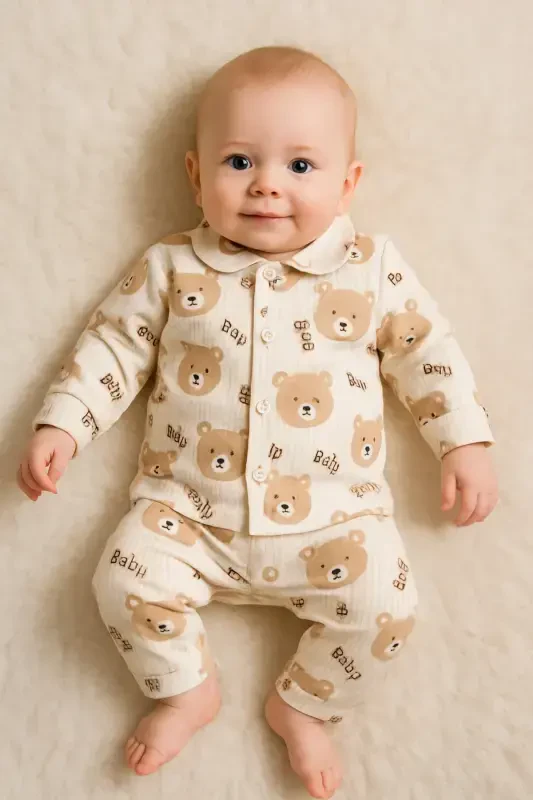 Yenidoʻgʻan organik paxta 2 li qiz bola oʻgʻil bola chaqaloq kostyumi-qahva - 6