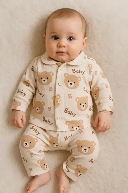 Yenidoʻgʻan organik paxta 2 li qiz bola oʻgʻil bola chaqaloq kostyumi-qahva - 7