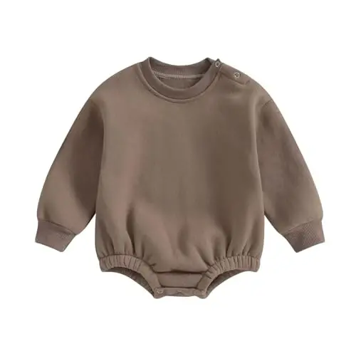 Gueuusu Newborn Warm Sweatshirt Romper Baby Boy Girl Solid Crewneck Long Sleeve Fleece Sweater Bodysuit Thick Winter Clothes - 1