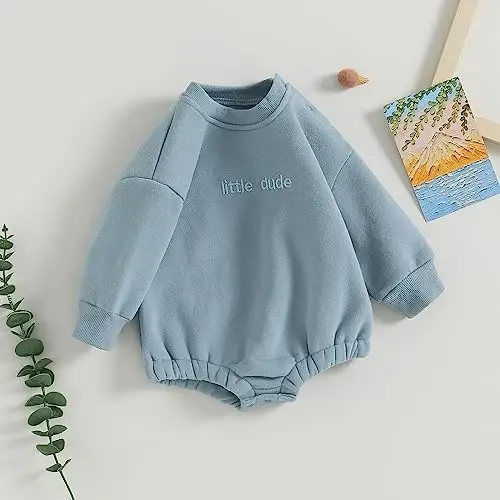 Gueuusu Newborn Warm Sweatshirt Romper Baby Boy Girl Solid Crewneck Long Sleeve Fleece Sweater Bodysuit Thick Winter Clothes - 2