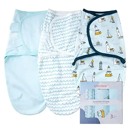 insular Baby Swaddle Wrap, Swaddle Blanket for Newborn and Infant, Adjustable Swaddling Set for Boy and Girl, Soft Cotton Baby Sleep Sack 3 Pack, Ocean, Medium(3-6 Month) - 1