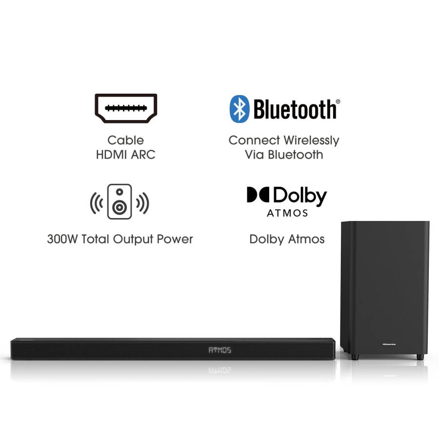 Yenilenmiş Kablosuz Subwoofer, 300W, Dolby Atmos, 4K Geçiş, Sinema Deneyimi, Tek Uzaktan Kumanda, Bluetooth, HDMI ARC/Optik/AUX/USB (Model HS312) Siyah Hisense HS312 3.1 Ch Ses Çubuğu - 2