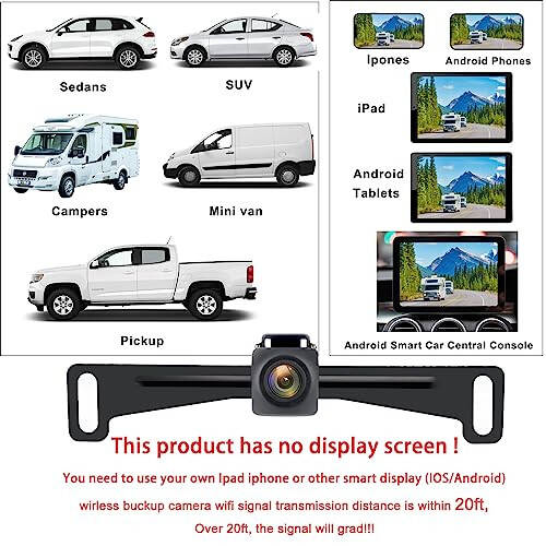 YEOIZO WiFi License Plate Wireless Backup Camera, 720P HD Back up Camera Systems for car, Front/Rear View Reverse Camera, 160° View Angle for Cars SUV Pickup Trailer RV Camper for iPhone iPad Android - 6